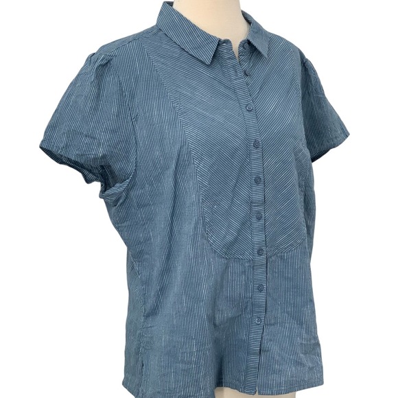 PrAna Katya Button Down Short Sleeve Organic Cotton‎ Blouse Blue/White Stripe XL - Picture 4 of 9
